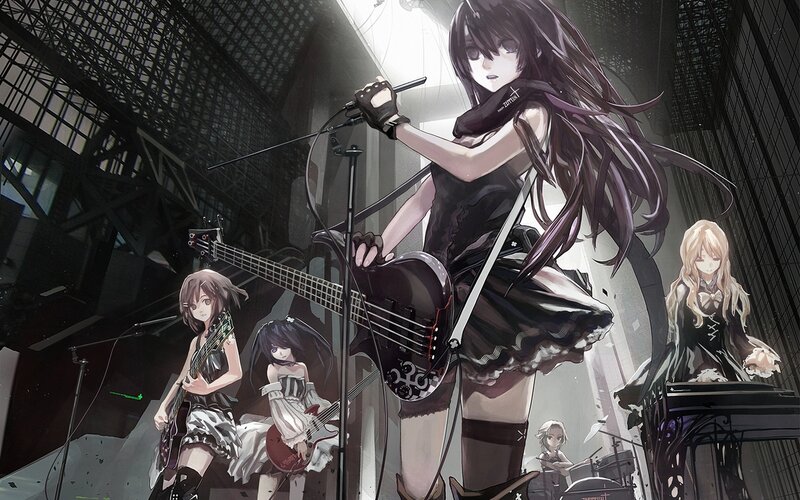 Anime Band Performing — Black, Dramatic, Digital Art, Guitar, Keyboard