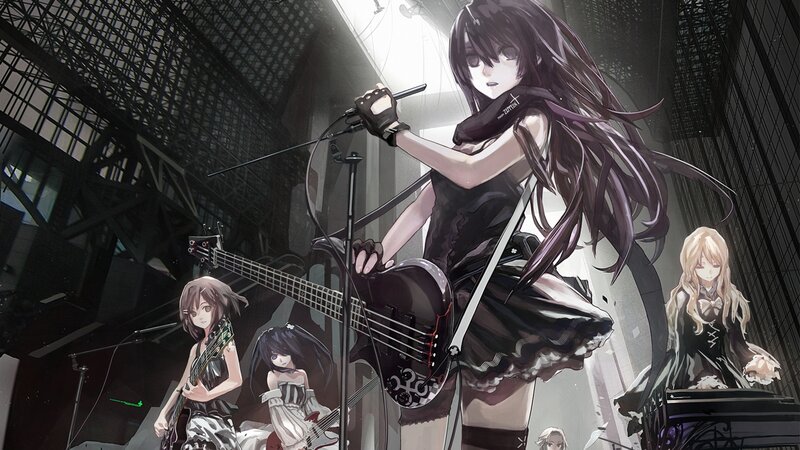 Anime Band Performing — Black, Dramatic, Digital Art, Guitar, Microphone