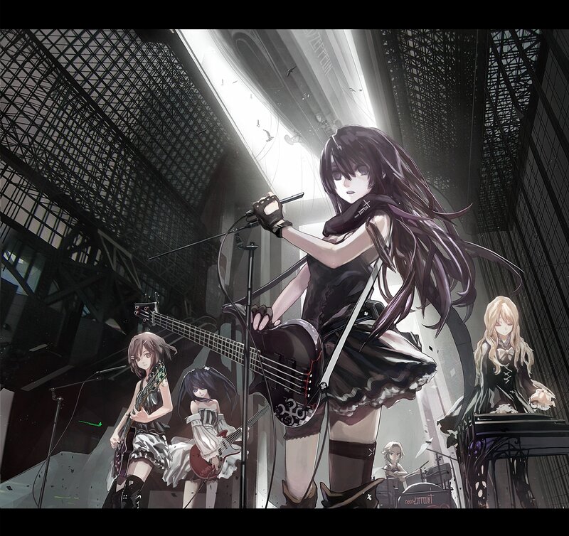 Anime Band Performing — Black, Dramatic, Digital Art, Guitar