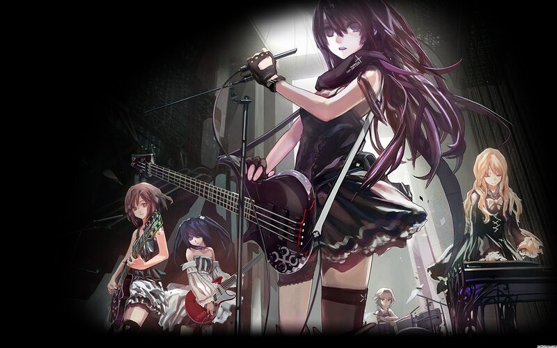 Anime Band Performing — Black, Dramatic, Night, Digital Art, Guitar, Keyboard