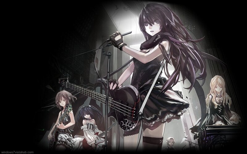 Anime Band Performing — Black, Dramatic, Night, Digital Art, Guitar, Microphone