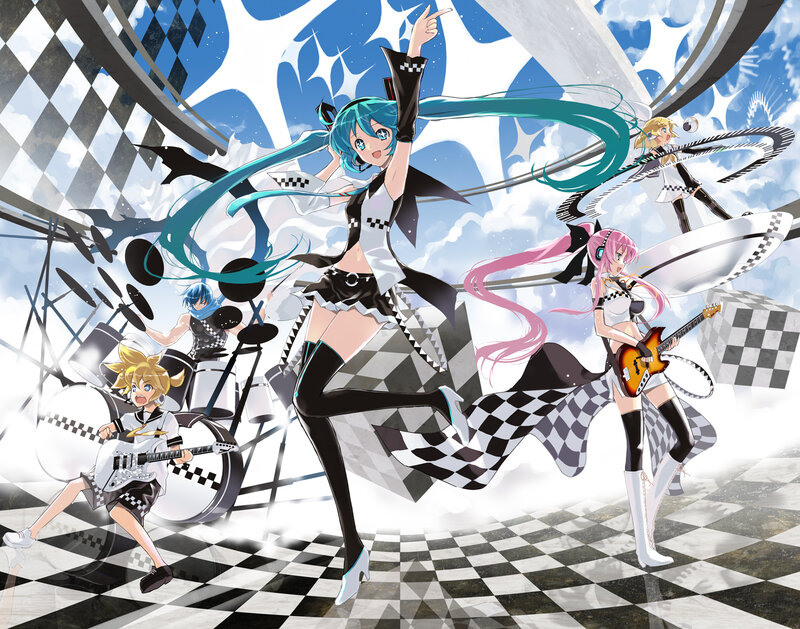 Anime Band Performing — Blue, Energetic, Digital Art, Guitar, Drums