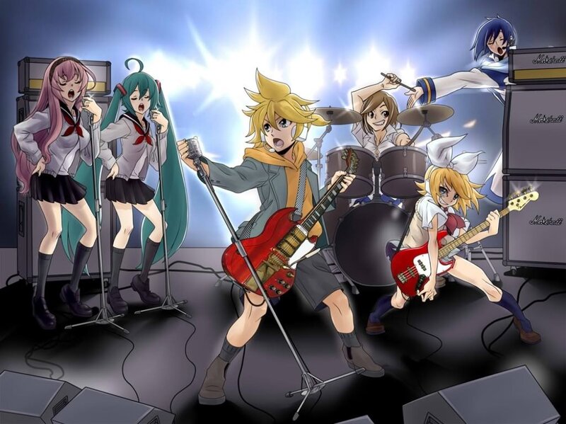 Anime Band Performing on Stage — Blue, Energetic, Night