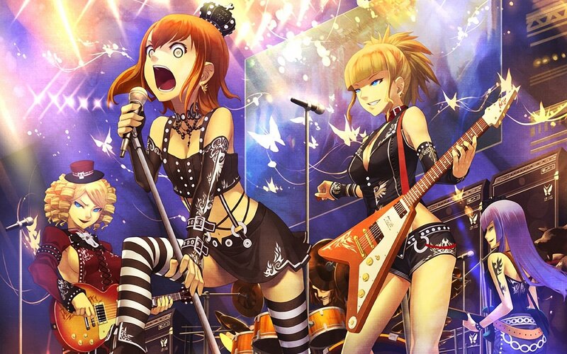 Anime Band Performing — Purple, Energetic, Night, Guitar, Microphone