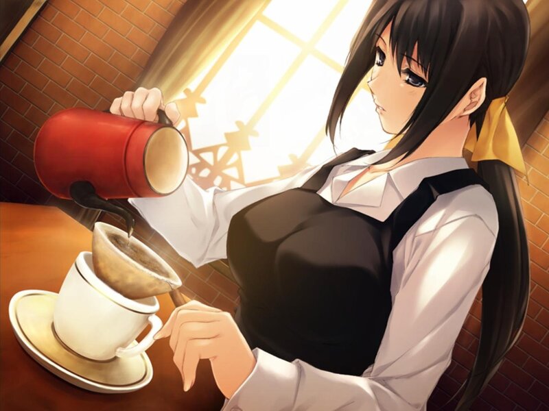 anime barista pouring coffee