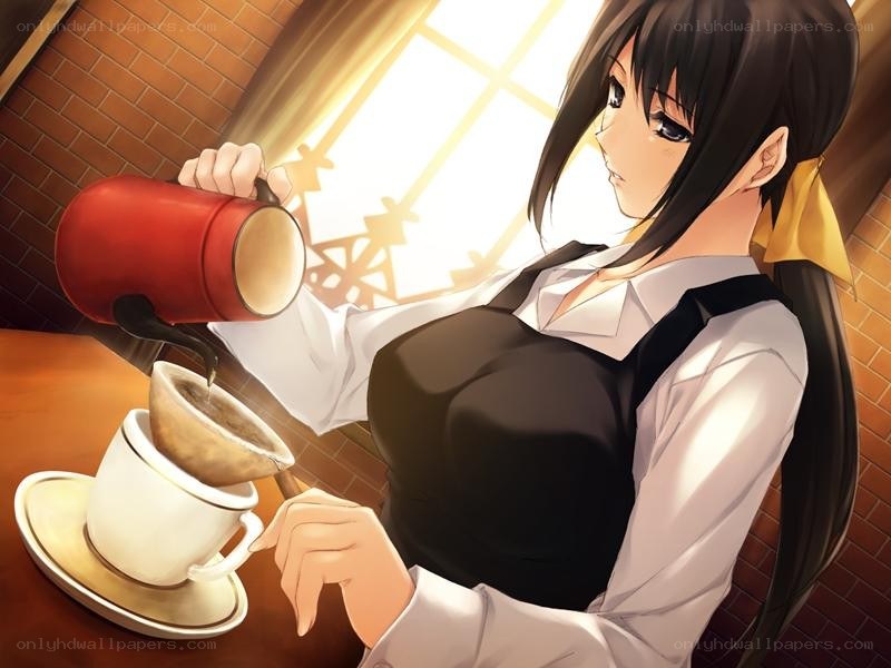 anime barista pouring coffee