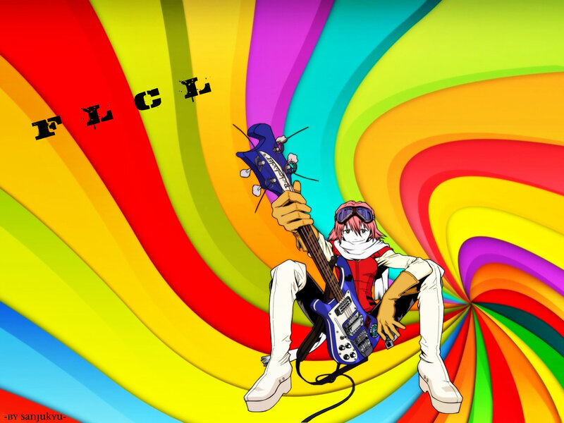 anime bassist on rainbow background
