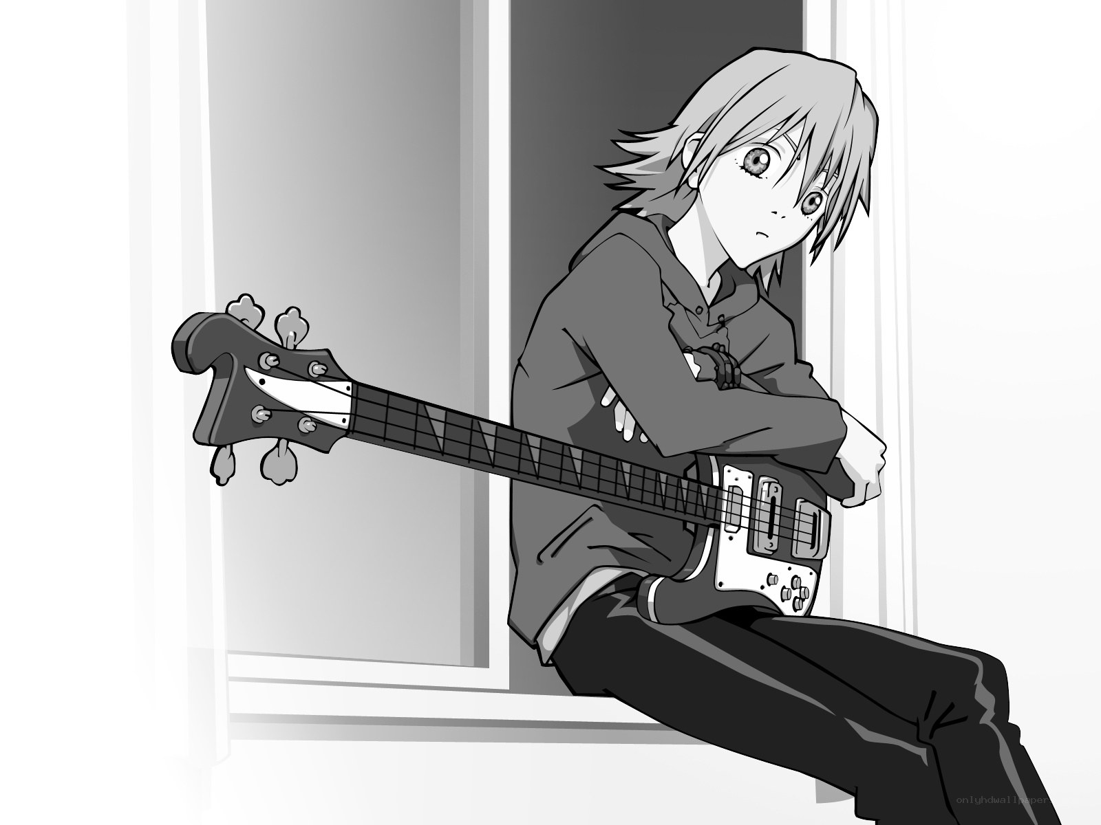 anime bassist sitting by window