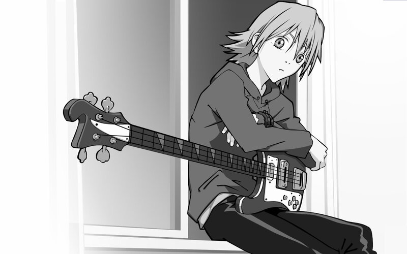 anime bassist sitting with instrument