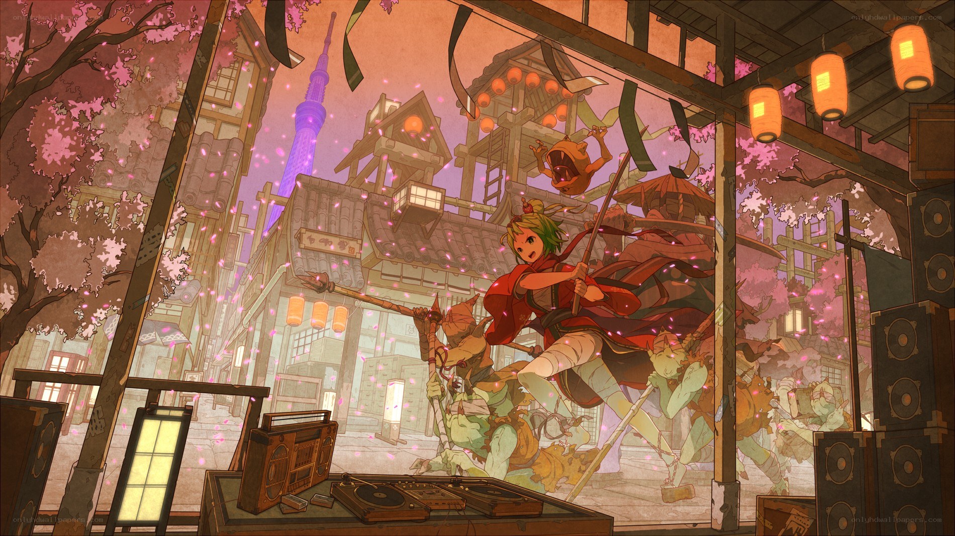 Anime battle in cherry blossom town