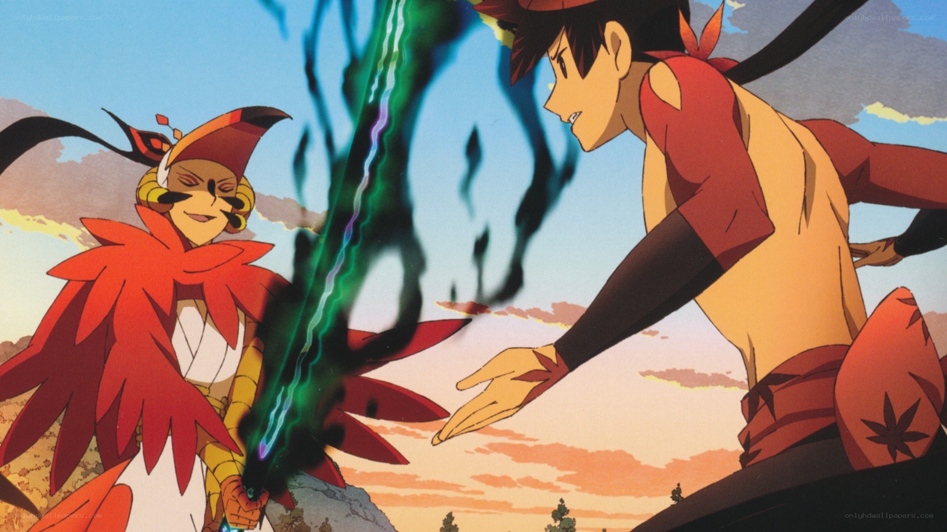 anime battle scene at sunset