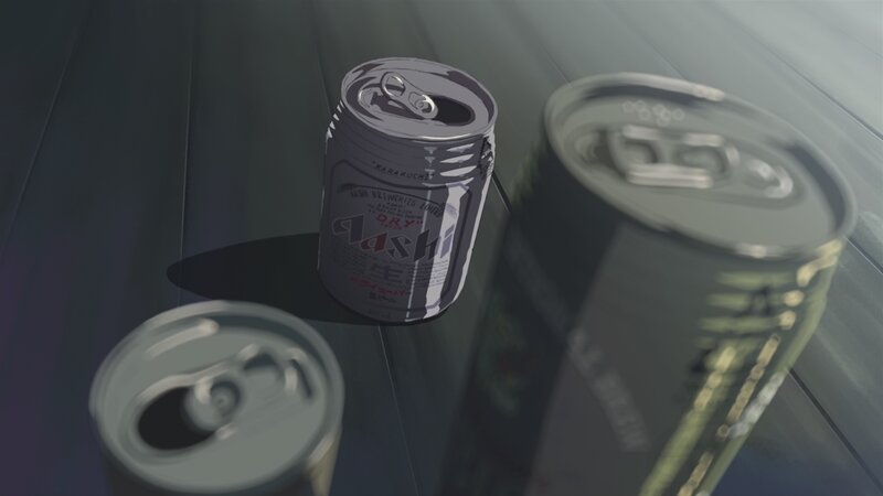 anime beer cans on table