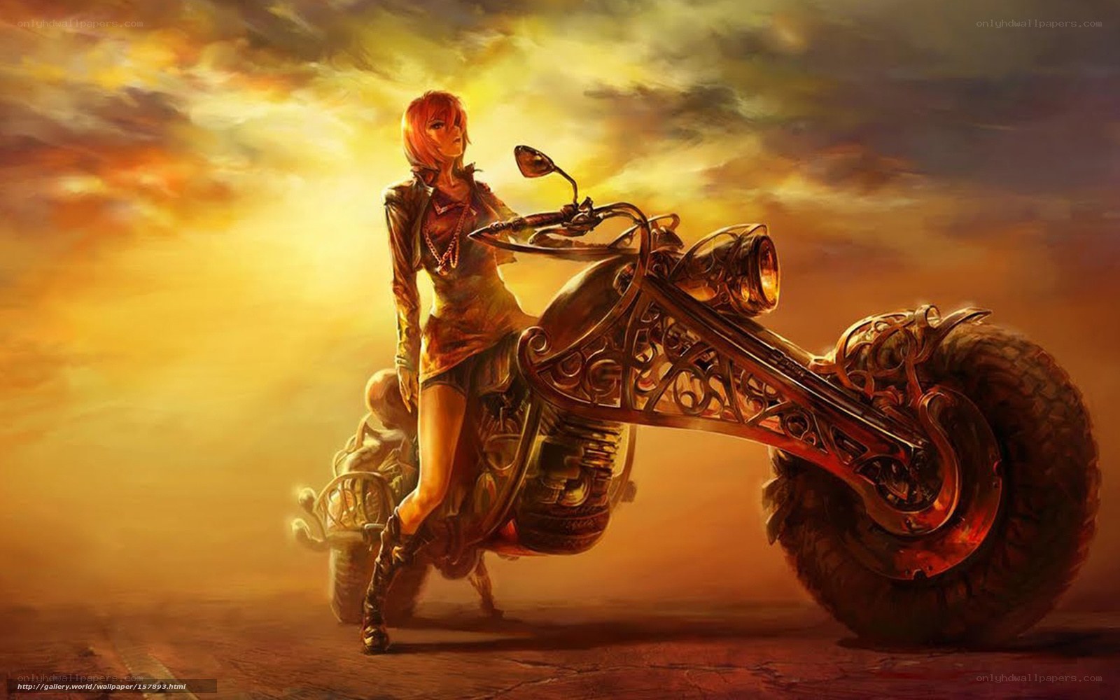 Anime biker girl at sunset