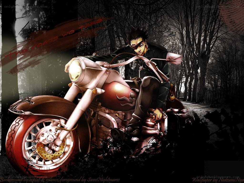 Anime biker in dark forest
