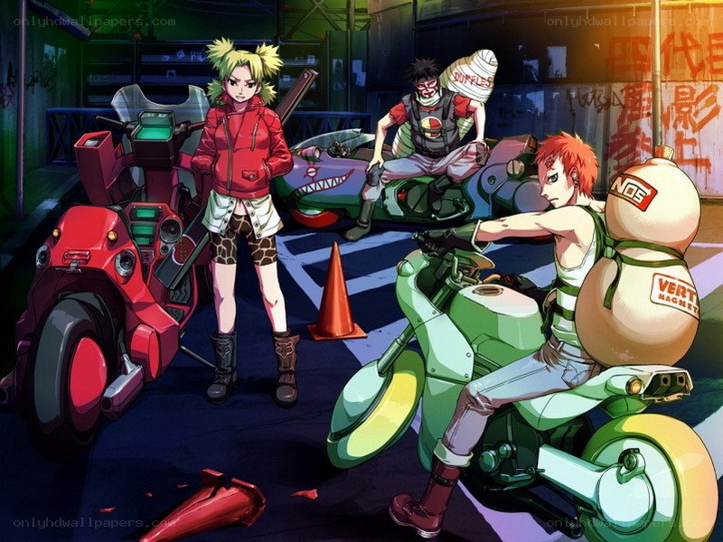 Anime bikers in a garage