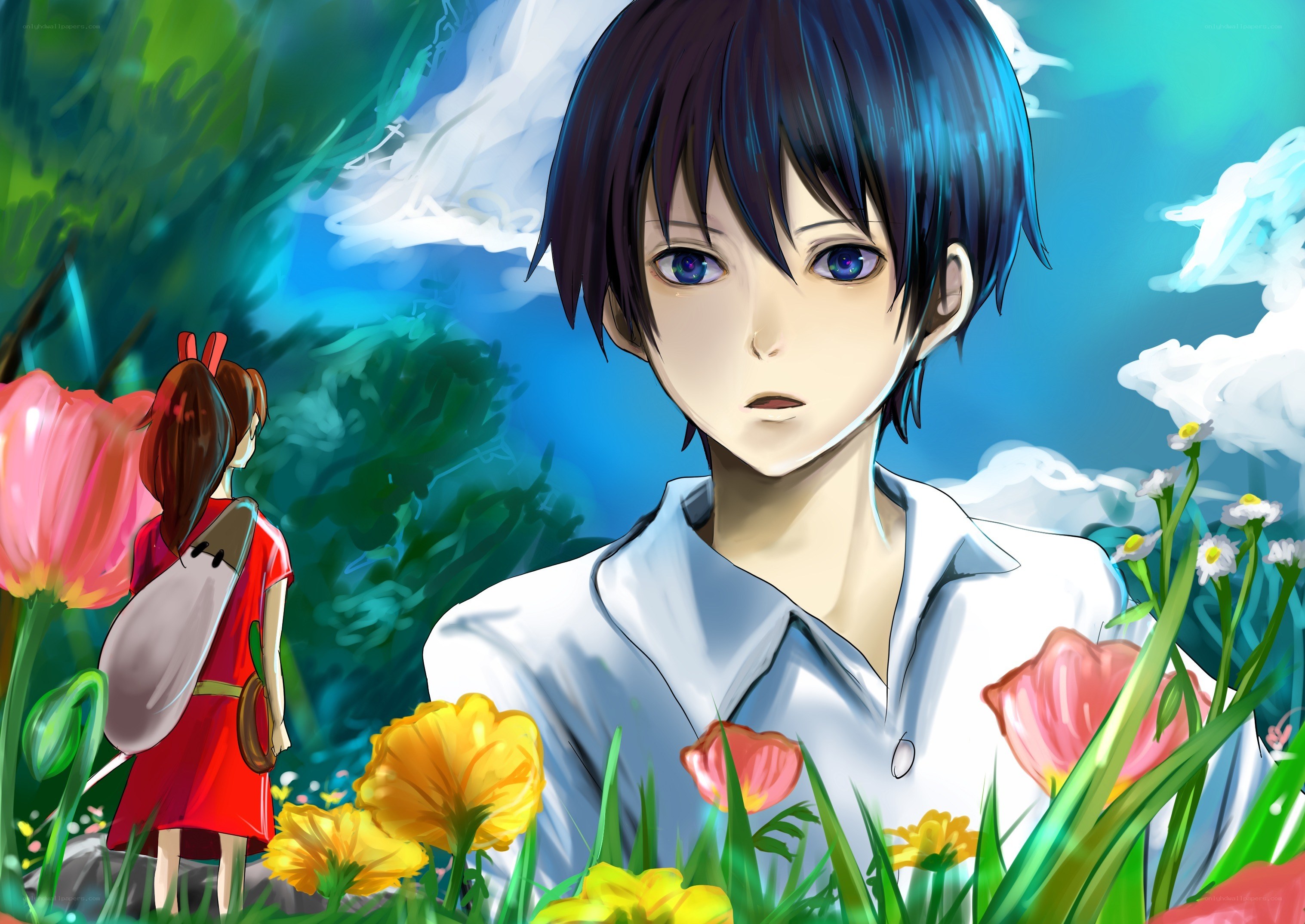 Anime boy and girl in a flower field