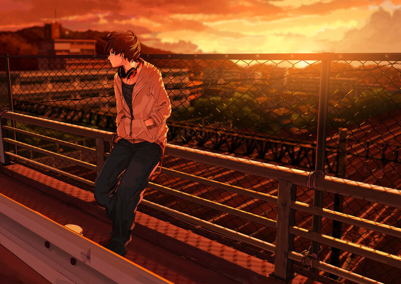 Anime boy at sunset