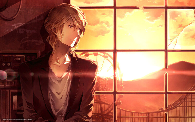 Anime boy at sunset window