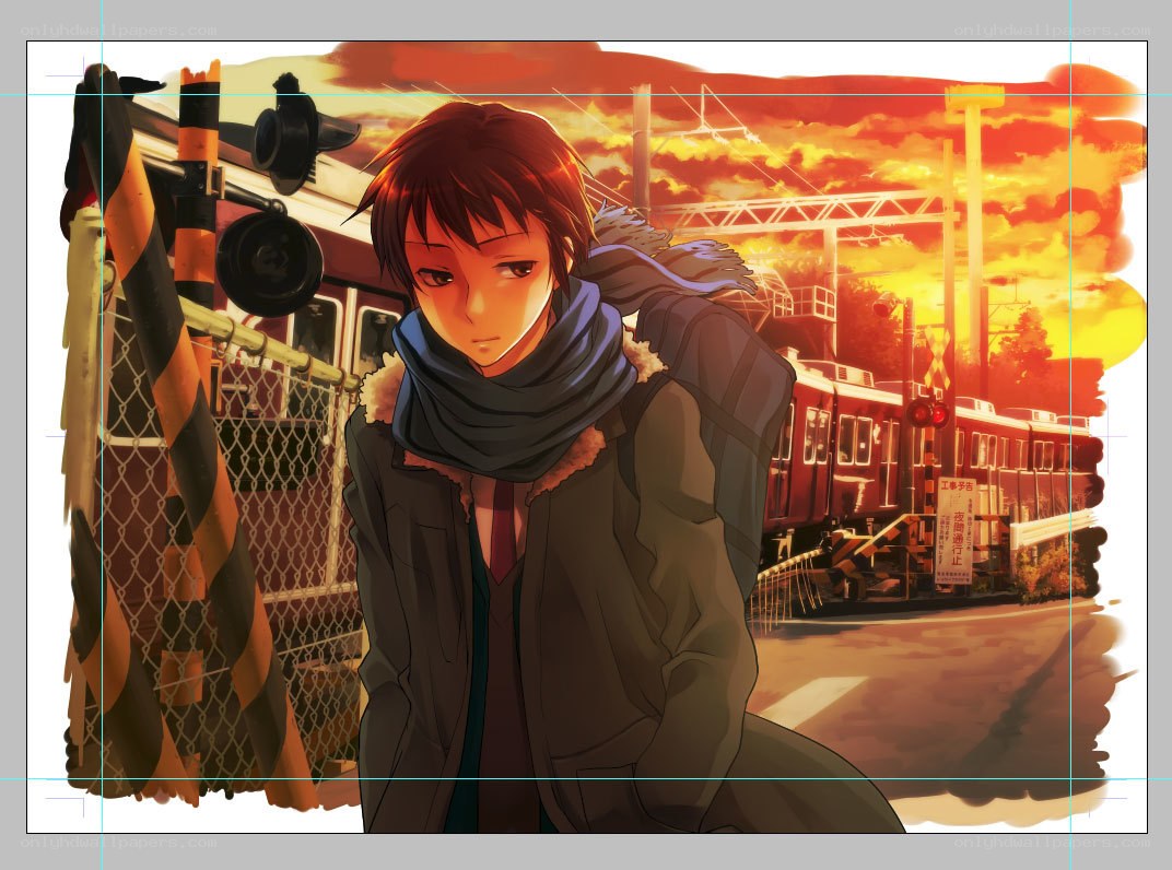 Anime boy at train crossing