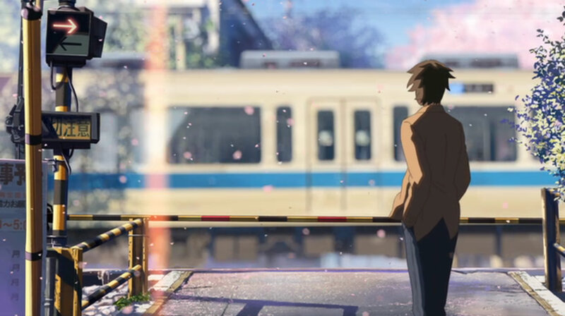 Anime boy at train crossing