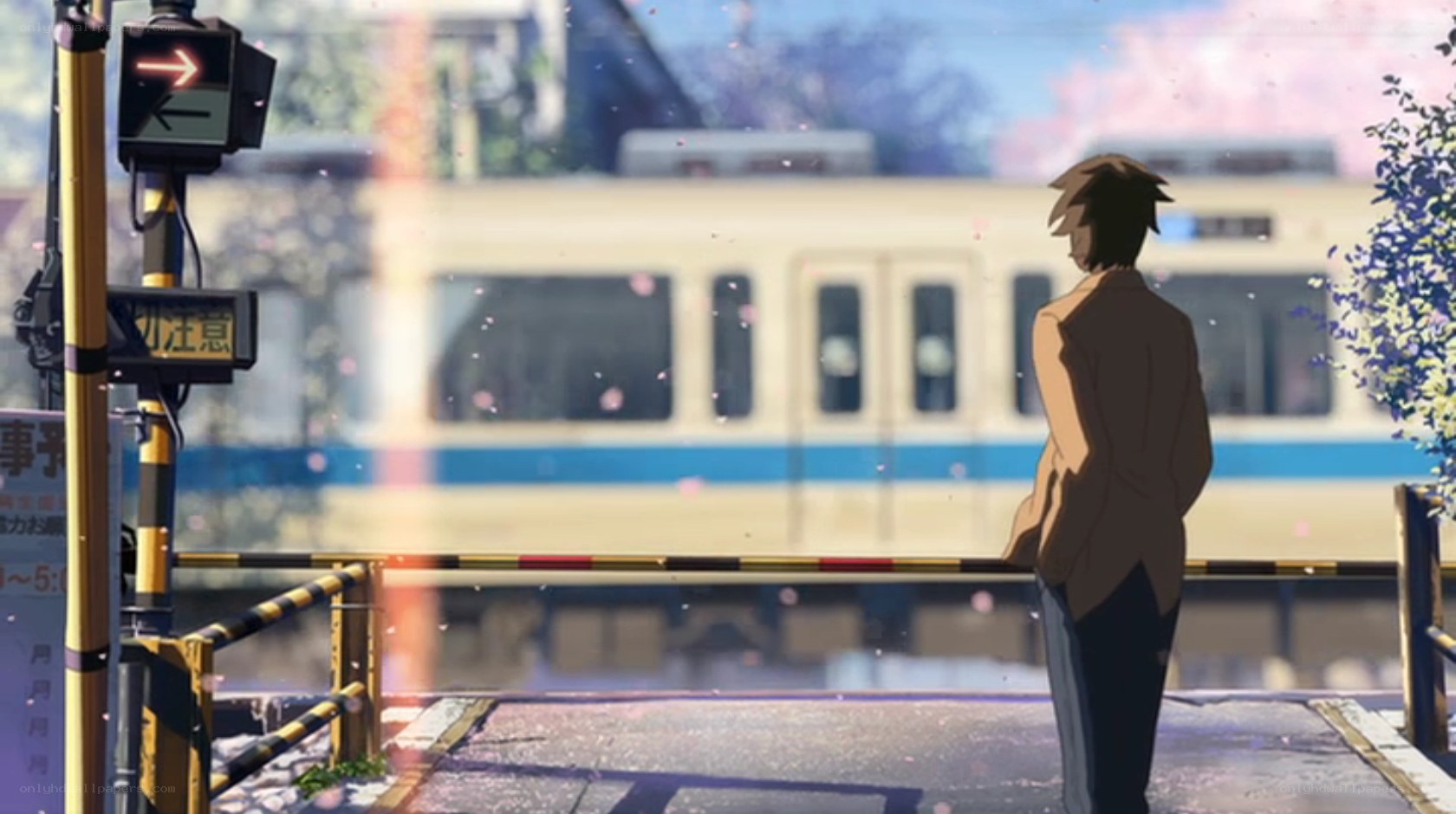 Anime boy at train crossing