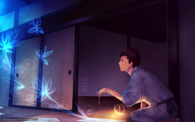 anime boy drawing at night