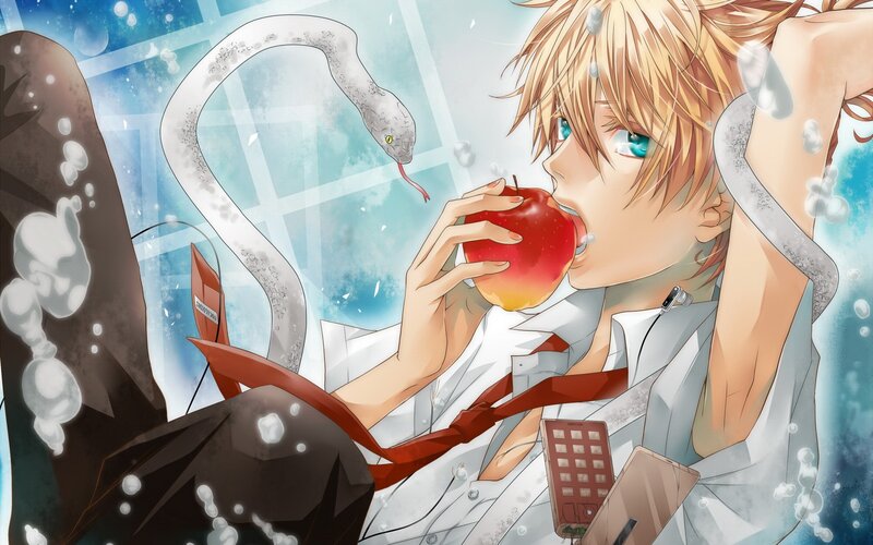 Anime boy eating apple with snake