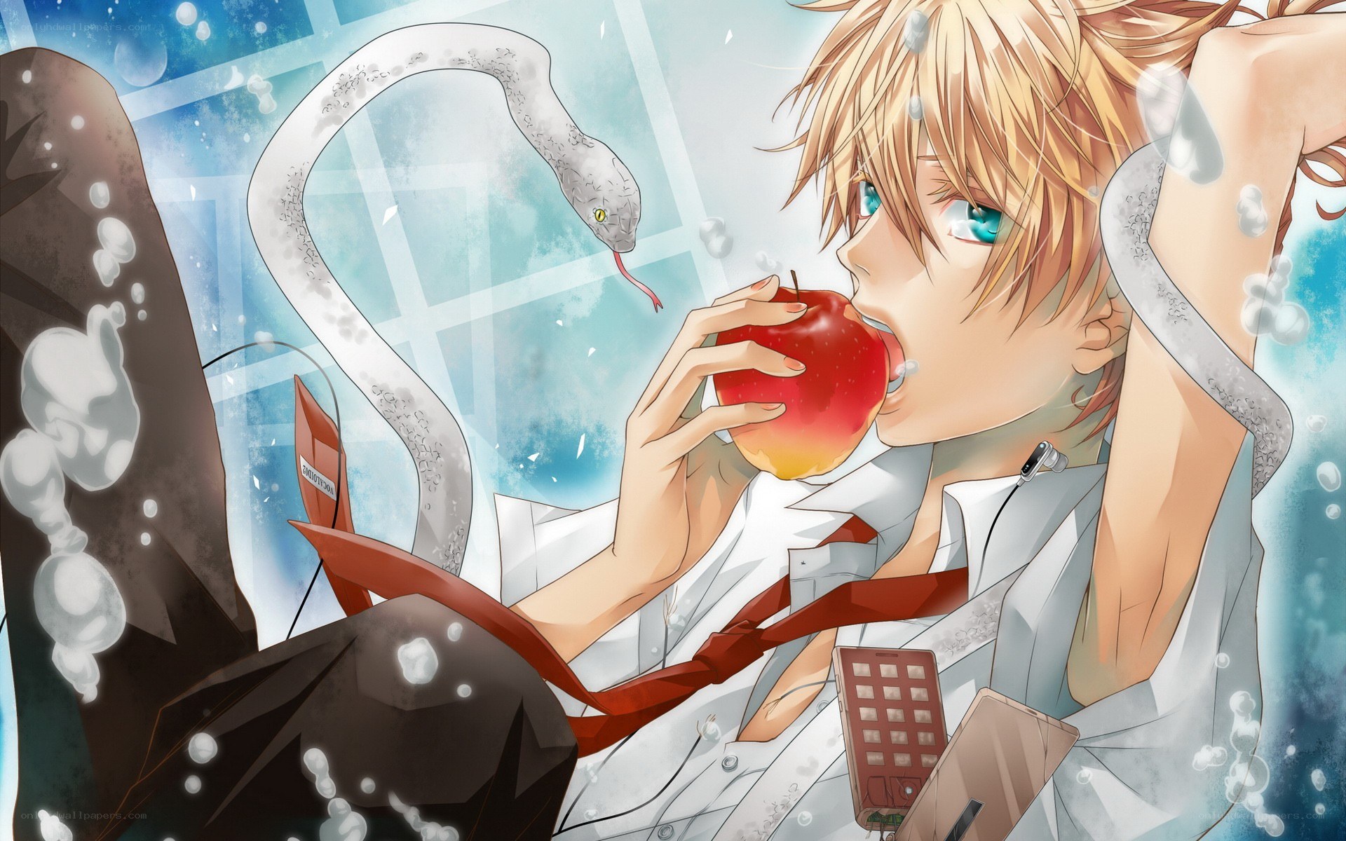 Anime boy eating apple with snake