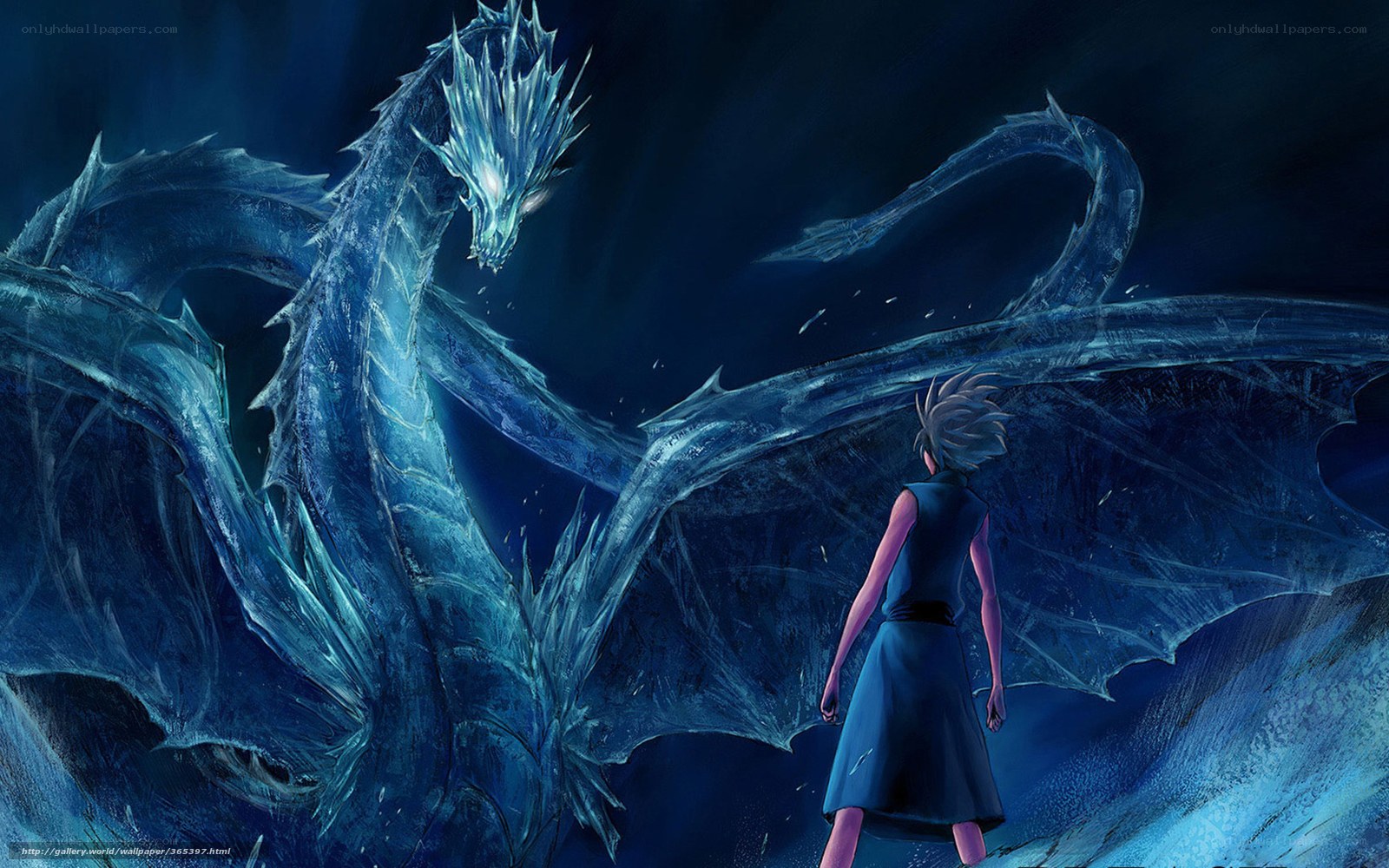 Anime boy facing ice dragon