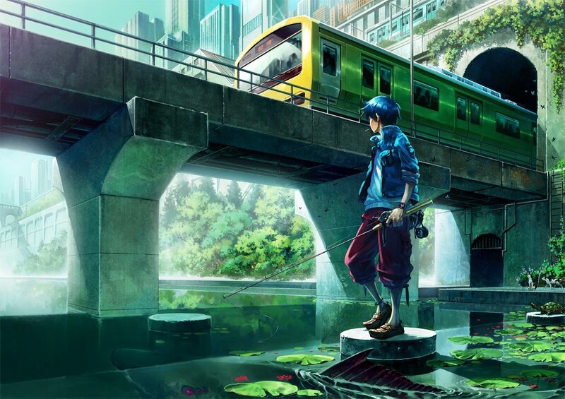 Anime boy fishing under a bridge