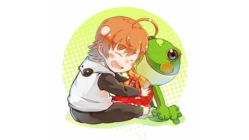 anime boy hugging frog plush