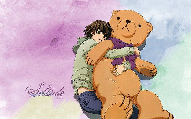 anime boy hugging teddy bear