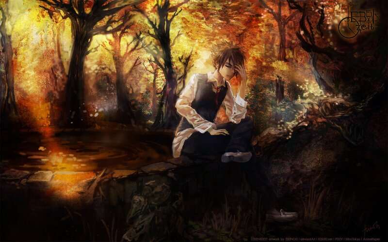 Anime boy in autumn forest