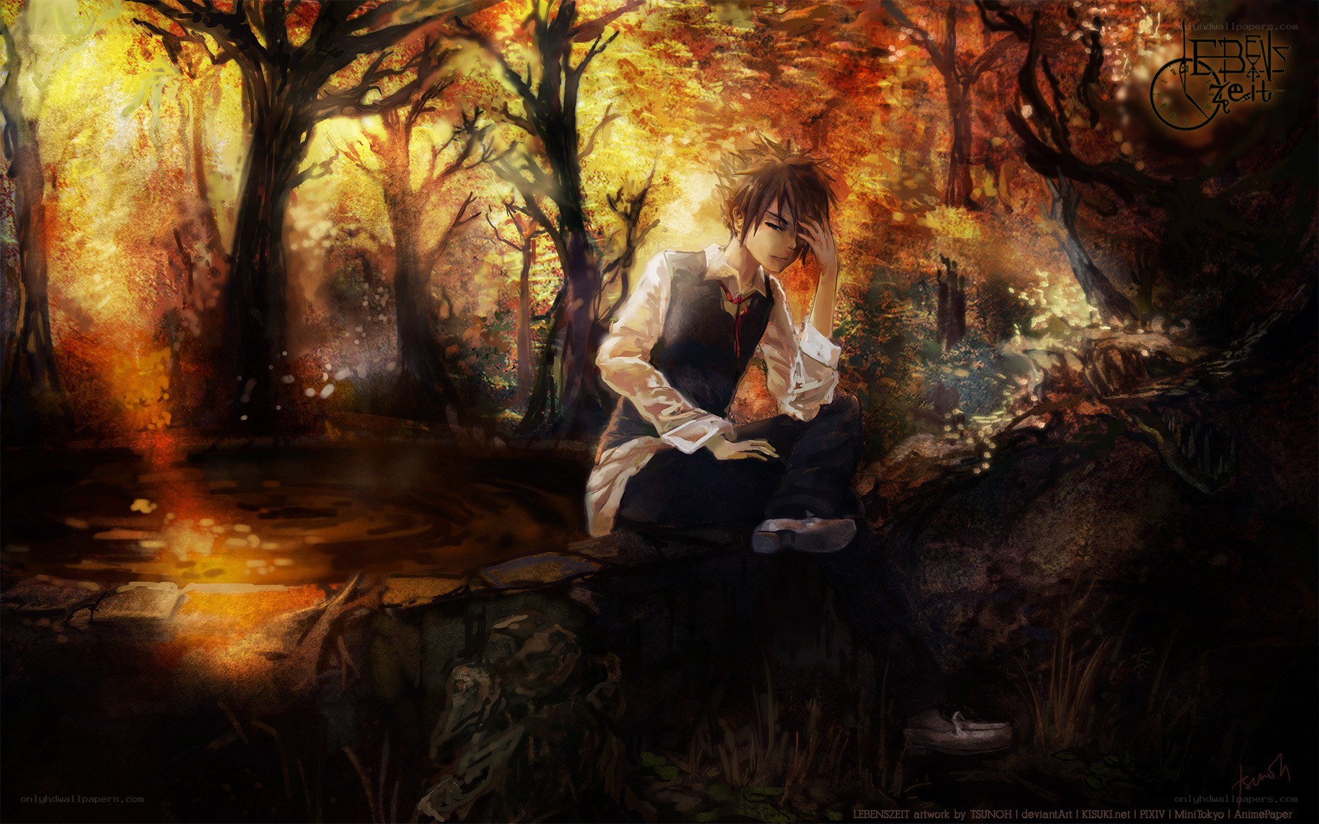 Anime boy in autumn forest