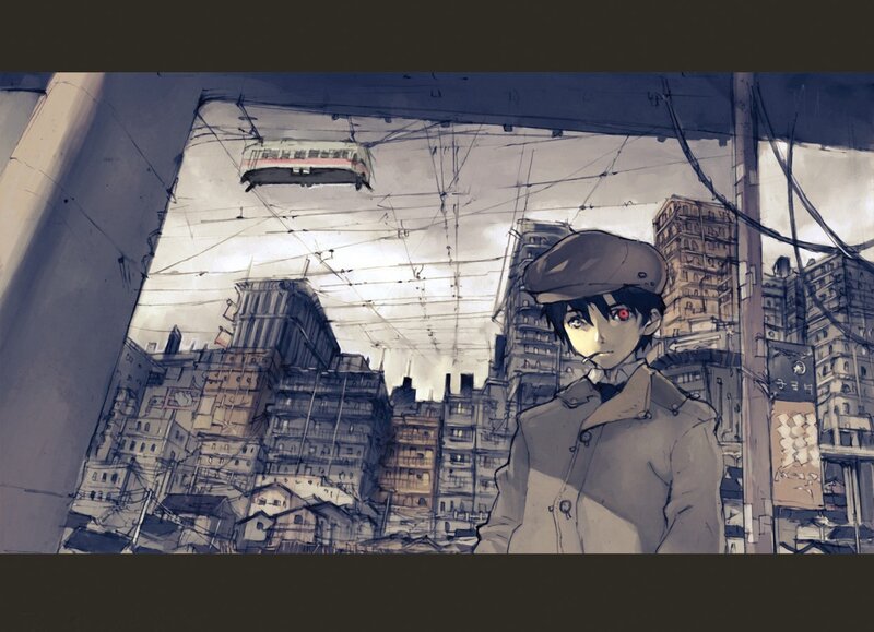 anime boy in cityscape