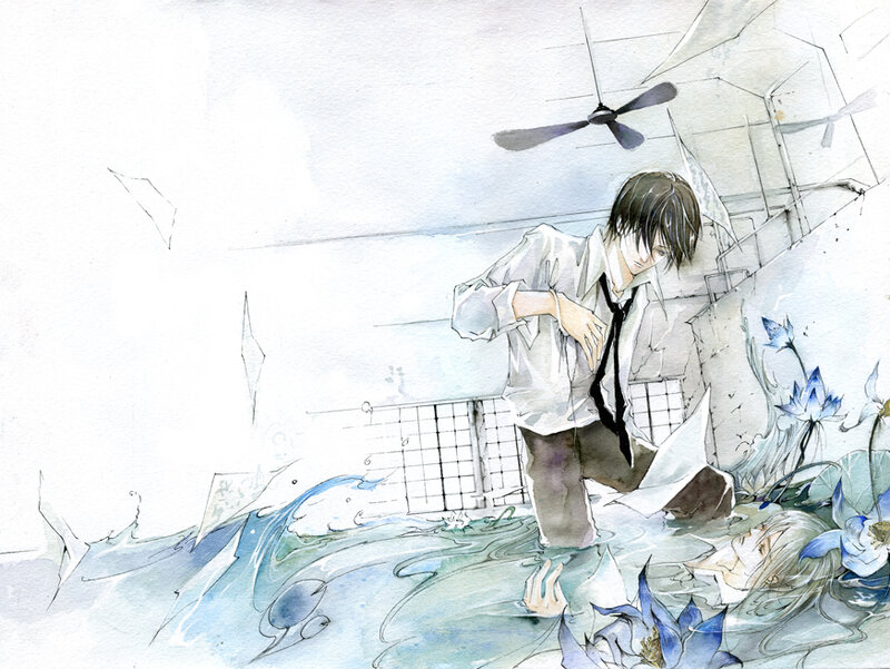 Anime boy in flooded room