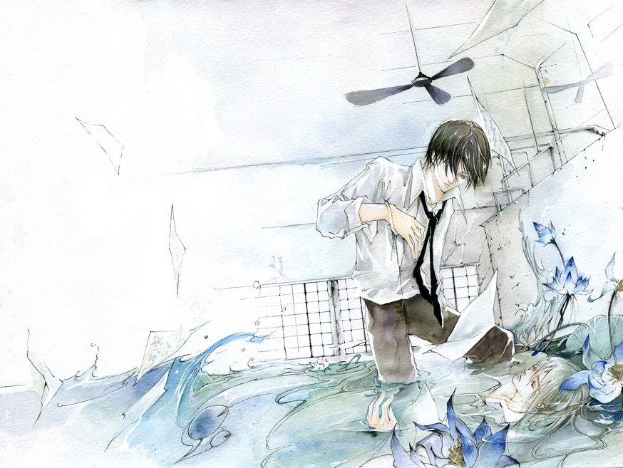 Anime boy in flooded room