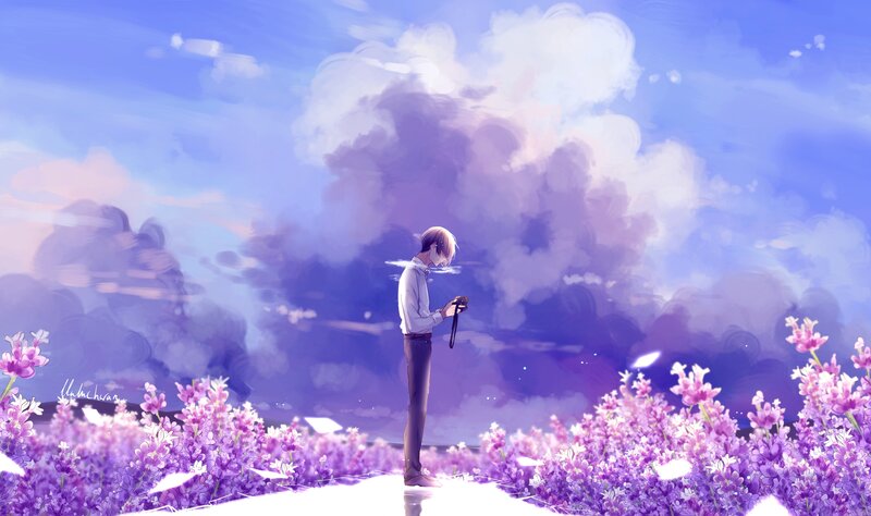 Anime Boy in Flower Field — Purple