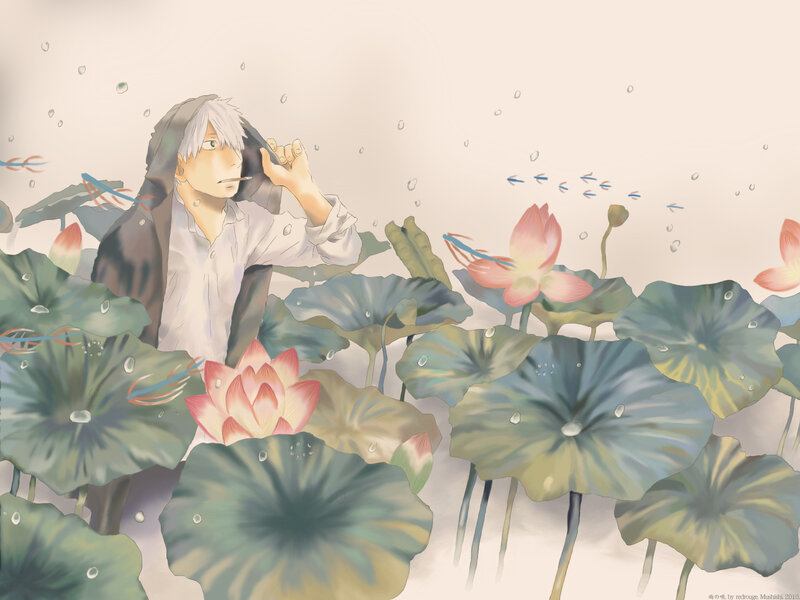 anime boy in lotus pond