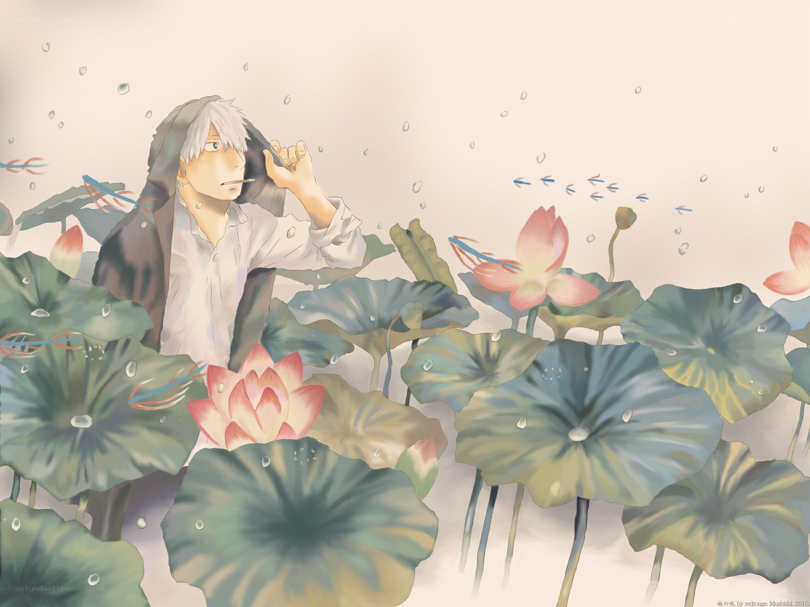 anime boy in lotus pond