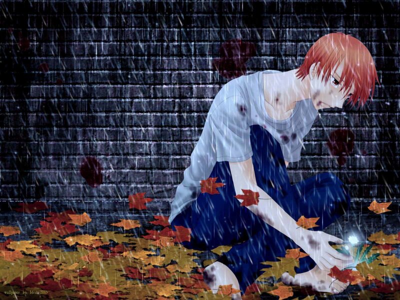 Anime boy in rain with blood