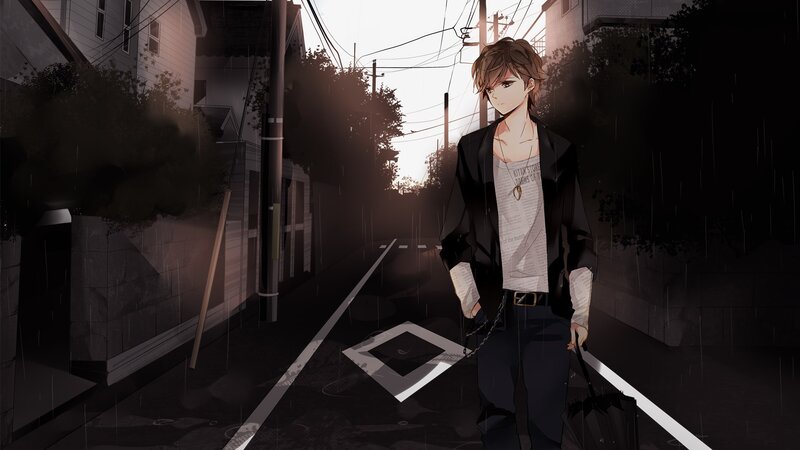 anime boy in rainy alley