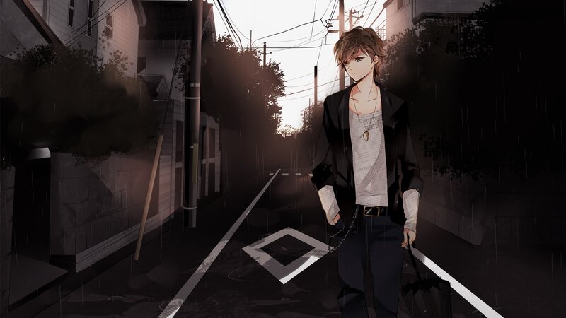 anime boy in rainy alley
