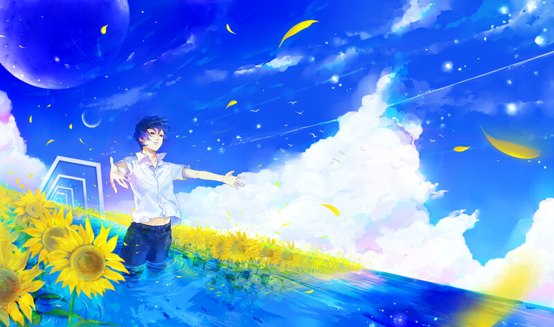 Anime Boy in Water — Blue, Dreamy