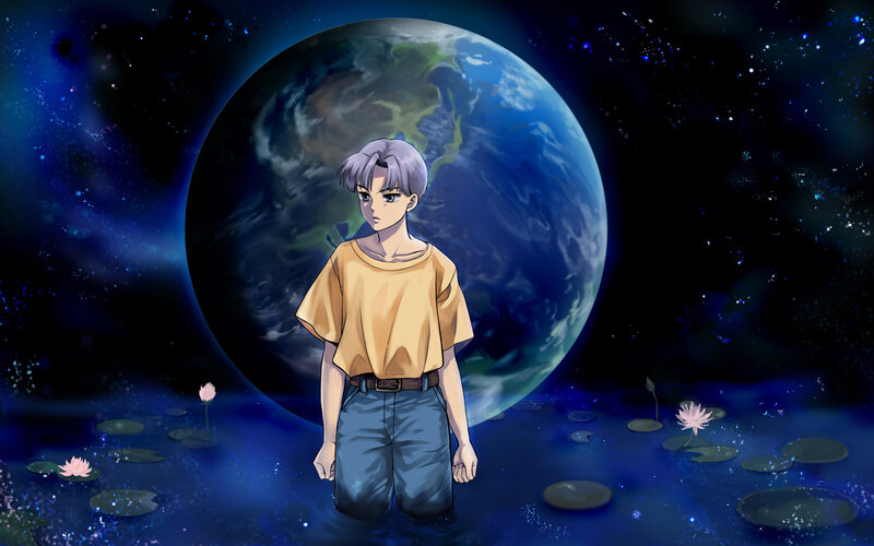 Anime Boy in Water — Blue, Serene