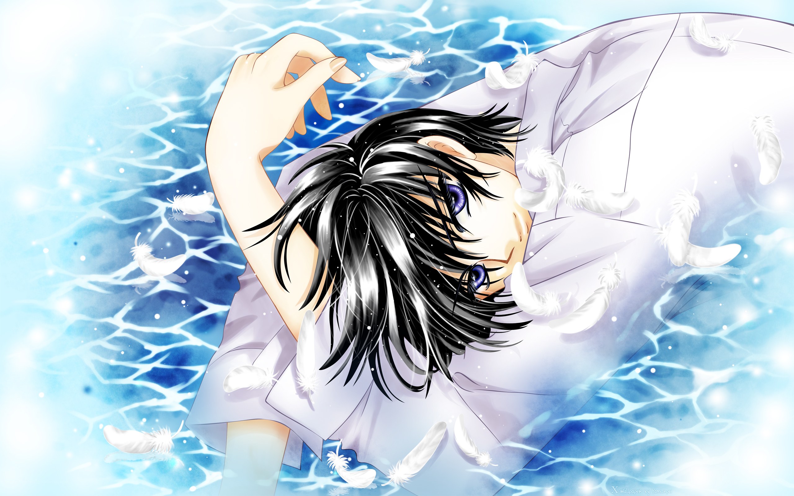anime boy in water with feathers