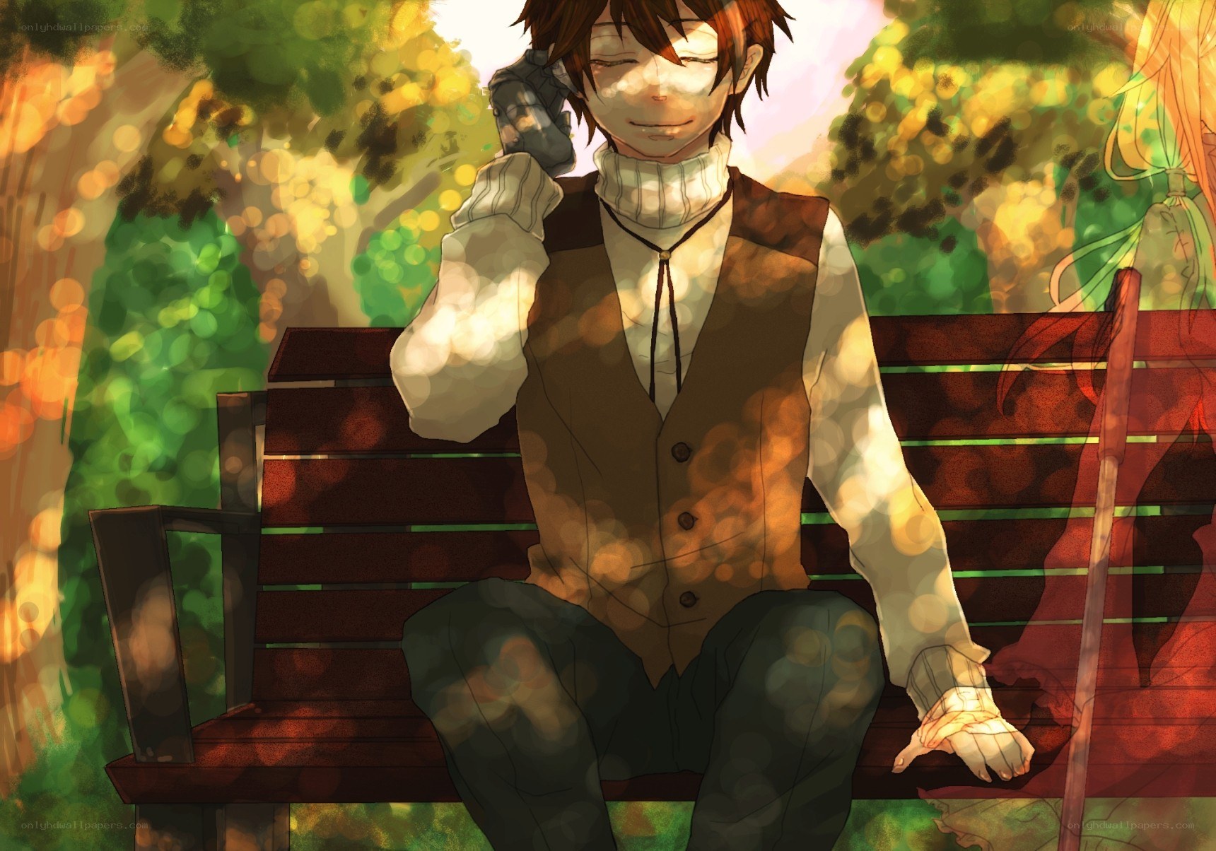 Anime boy on a park bench