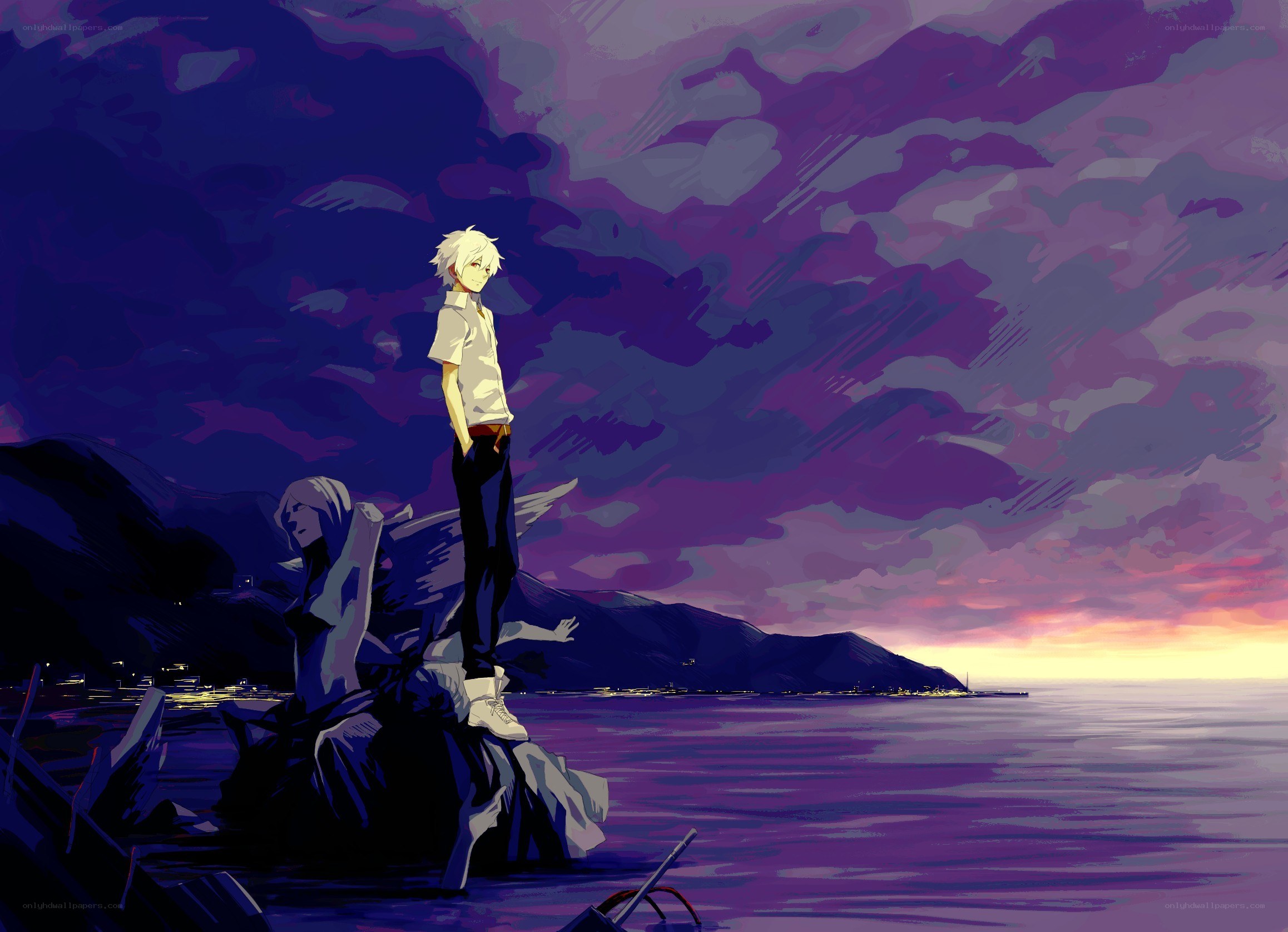 Anime boy on a rock at sunset