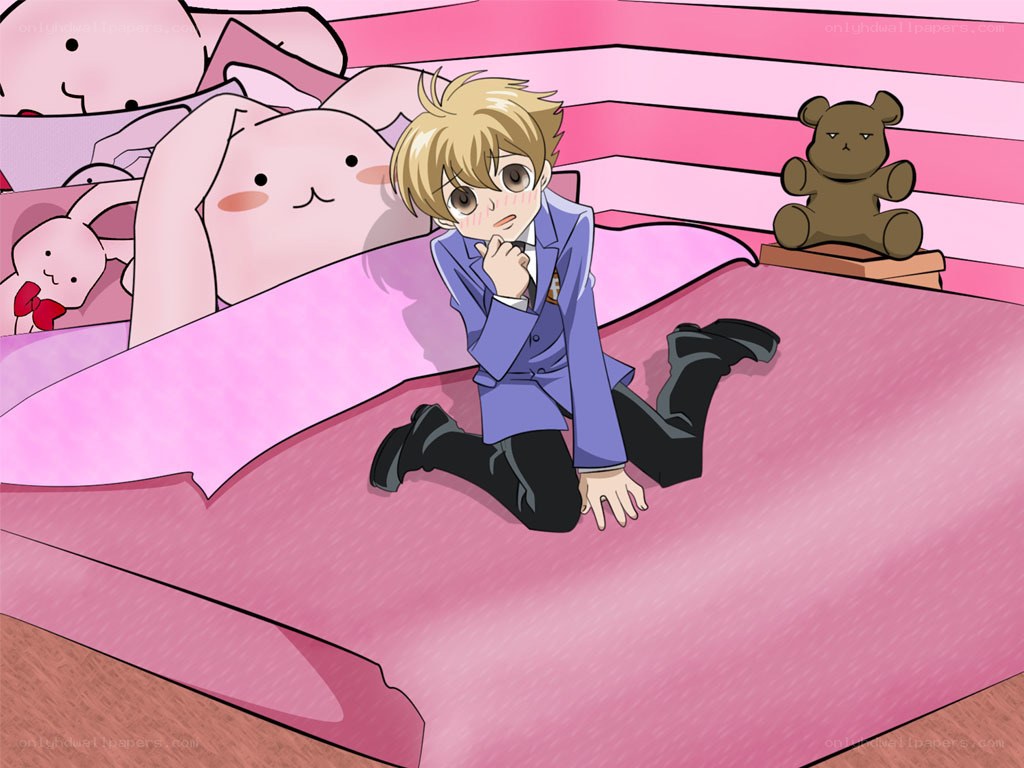 anime boy on pink bed