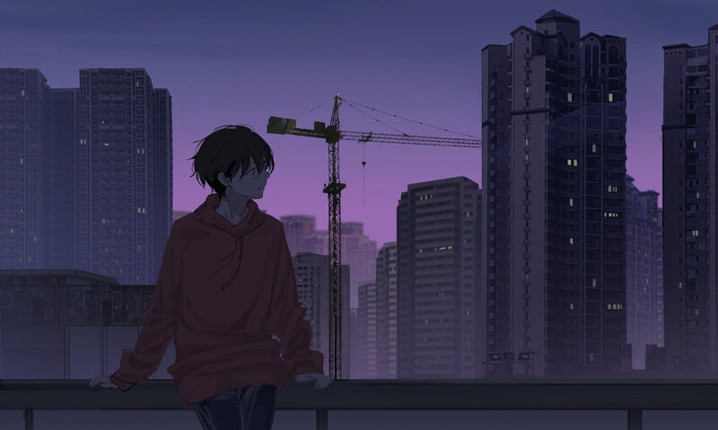 Anime Boy on Rooftop — Purple, Melancholic